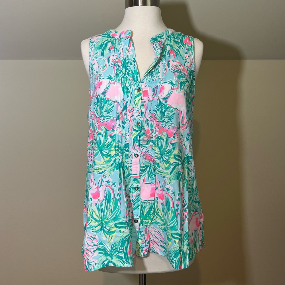 Lilly Pulitzer Sleeveless Tropical Flamingo Tunic in Aqua, Pink & Green